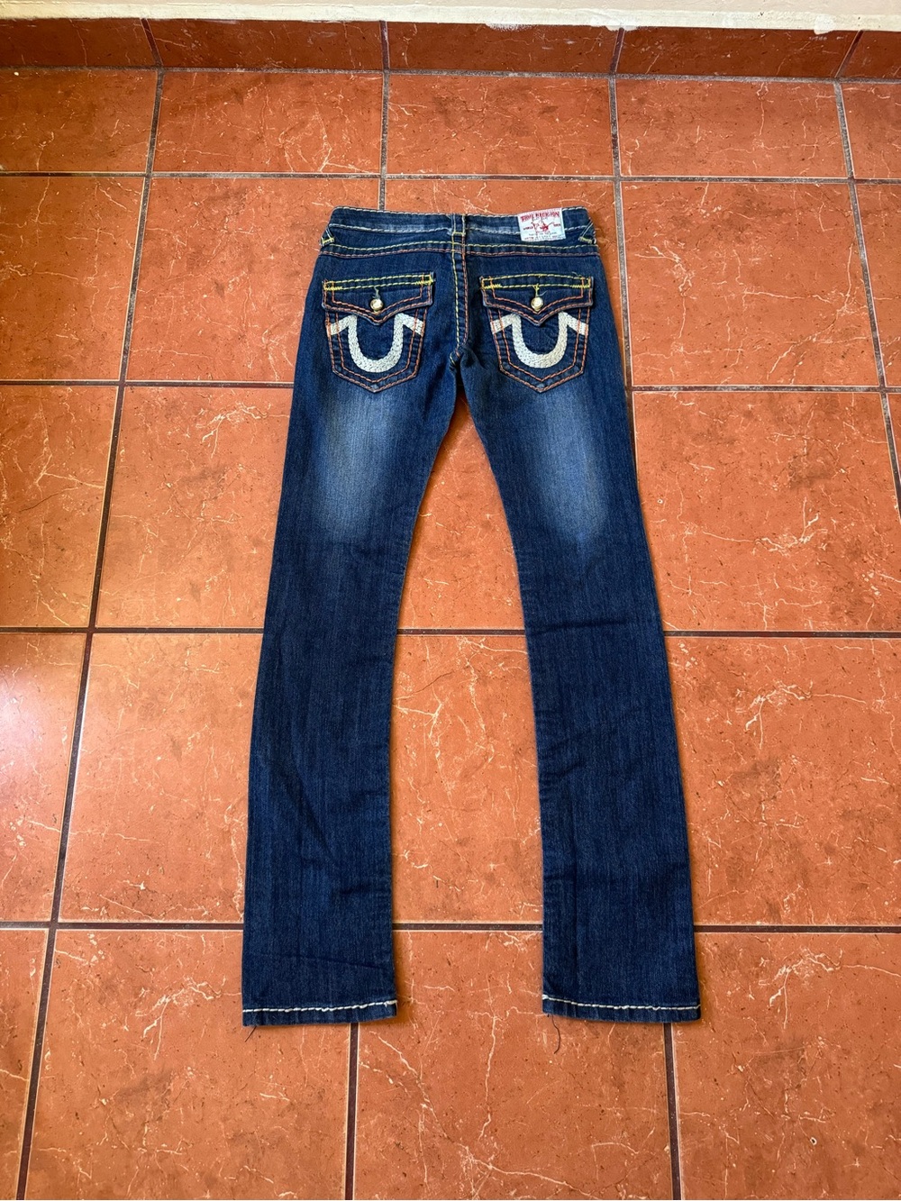 True Religion Dark Blue Women's Straight Leg Jeans with White Pocket Stitching